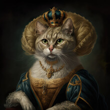 Portrait Of A Royal Cat With Golden Crown, AI Generate