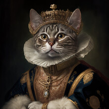 Portrait Of Cute Cat Wearing King Costume And Crown, AI Generate