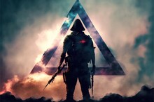 Man With The Weapon. Man With The Gun Standing Against Smoke Background With Mysterious Glowing Triangle. Digital Art Style , Illustration Painting .