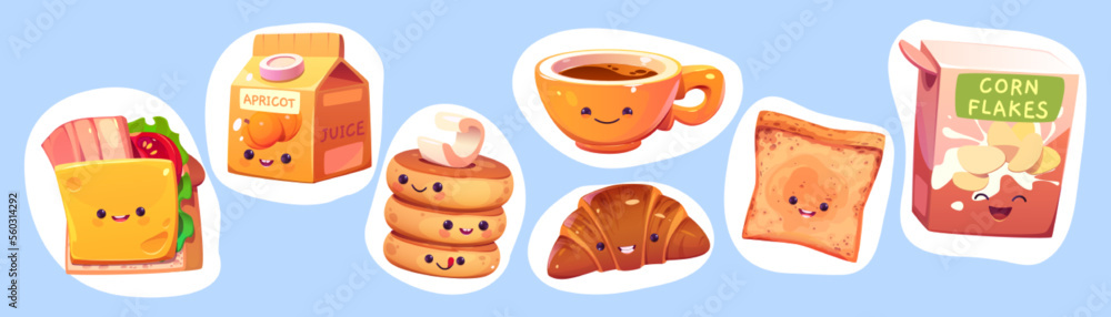 Cute kawaii characters of breakfast food. Stickers with toast, sandwich ...