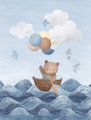 Watercolor poster. Illustration of a ship with cute bear traveler. Isolated on white background. Blue sea waves, cute boat.