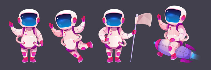 Wall Mural - cartoon astronaut character set isolated on black background. vector illustration of cute cosmonaut 
