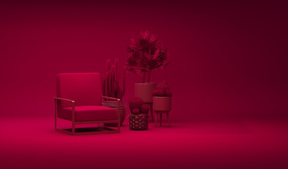 Wall Mural - Monochrome dark red living room scene with armchair, cactus pot. Viva magenta is a trend colour year 2023 interior room, flat style single color composition, 3d rendering