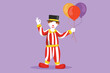 Character flat drawing of funny clown standing and holding balloons with gesture okay, wearing hat and clown costume ready to entertain audience in the circus arena. Cartoon design vector illustration