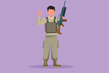 Graphic Flat Design Drawing Gallant Male Soldiers Or Army Standing With Weapon, Full Uniform, And Okay Gesture Serving The Country With Strength Of Military Forces. Cartoon Style Vector Illustration