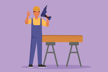 Wall Mural - Graphic flat design drawing carpenter standing with drill and okay gesture, working for wood industry and must be skilled at using carpentry tools. House renovation. Cartoon style vector illustration