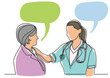 continuous line drawing doctor and woman patient talking - PNG image with transparent background isolated