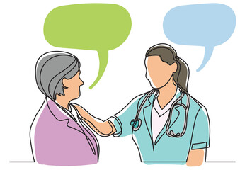 Wall Mural - continuous line drawing doctor and woman patient talking - PNG image with transparent background isolated