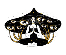 Microdose Of Mushrooms, Psychedelic Female Mushroom With Plants In The Form Of Eyes. Trippy Halloween Illustration, Tattoo For Witch, Print For Clothes. Vector Line Illustration.
