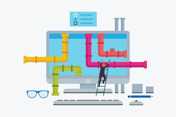 man climbing ladder to enter computer screen with piping system inside 2d vector illustration concept for banner, website, illustration, landing page, flyer, etc