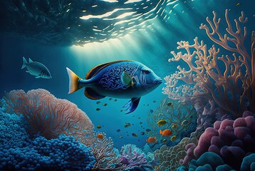 Wall Mural - illustration of cute yellow tropical fish swimming under water among coral reef	
