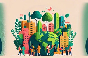 Wall Mural - World environment day concept, sponge with people and city, paper arts and crafts