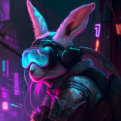 Cyberpunk bunny character in futuristic neon light city background wearing VR glasses. Futuristic city scene in a style of pixel art. 80's wallpaper. Retro future 3D illustration. Generative Ai.