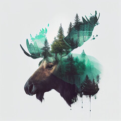 Double exposure of a wild moose and a pine forest. Generative Ai.