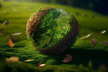 leaf covered earth on a green field of grass