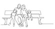 continuous line drawing of family of four sitting on park bench - PNG image with transparent background
