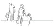 continuous line drawing of family of four walking on street holding hands - PNG image with transparent background