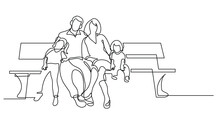 Continuous Line Drawing Of Family Of Four Sitting On Park Bench - PNG Image With Transparent Background