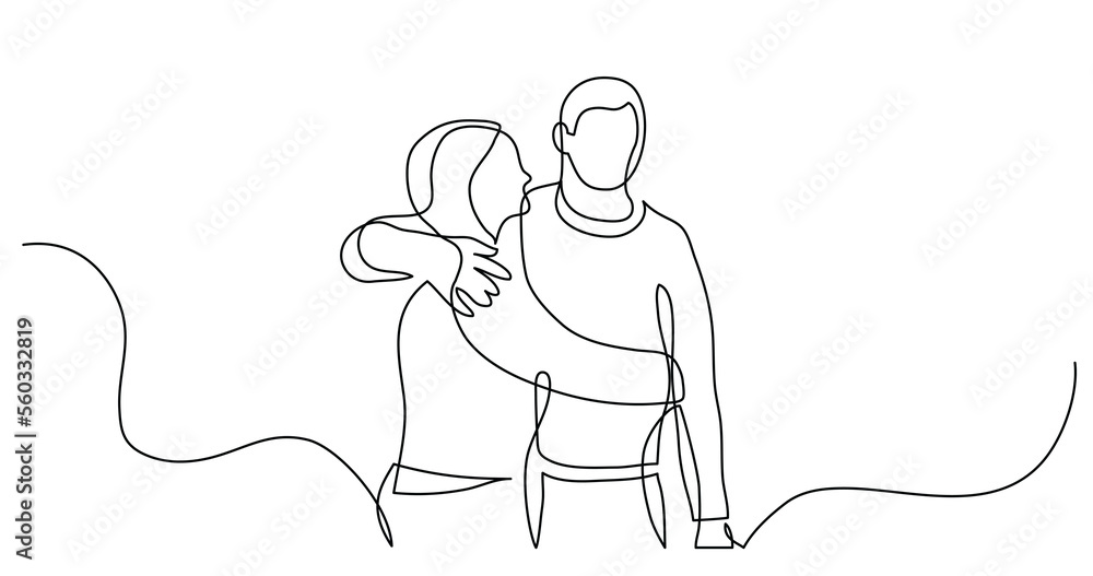 continuous line drawing of young couple of friends hugging each other ...