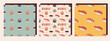 Vector set of seamless patterns with japanese food in retro style. Onigiri, soy sauce, wasabi, philadelphia roll and maki sushi. Retro collection of backgrounds with asian food 70s.