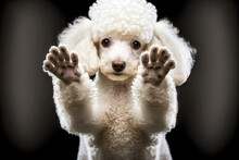 Dog White Fluffy Little Poodles Standing On Its Hind Legs On Black Background