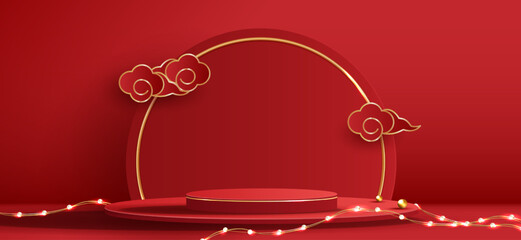 Wall Mural - Podium stage chinese style for chinese new year and festivals or mid autumn festival with red background. mock up stage with festive lanterns and clouds. vector design.