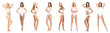 © Acronym - Young, fit, happy and beautiful blond woman in white swimsuit isolated on white background - set collection. Healthcare, diet, sport and fitness.