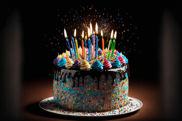 Sticker - Realistic Birthday Cake Decorated With Colorful Sprinkles And Lots Of Lit Candles.