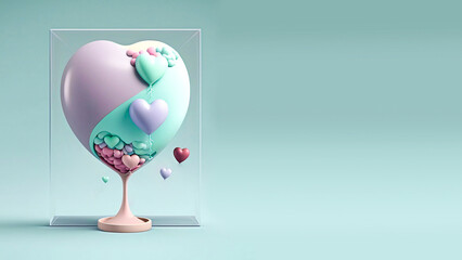 Sticker - 3D Render of Heart Shape Stand With Balloons Inside Glassware Box.