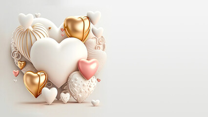 Canvas Print - 3D Rendering Heart Shapes In White, Golden, Pink Color. Creative Romantic Composition.