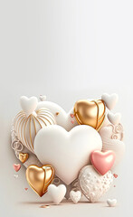 Sticker - White and Golden Heart Shapes, Clay Model, 3D Render. Happy Valentines Day Banner with Text Space.