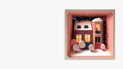 Sticker - 3D Render Of Decorative Winter Diorama Square Frame With Residential Structure, Trees, Snow Falling.