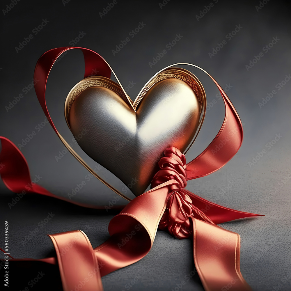 3D Rendder of Silver Heart Shape Wrapped Copper Silk Ribbon. Stock ...