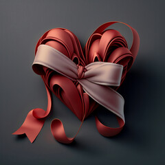 Poster - Realisitc Red Silk Ribbon Forming Heart Shape On Grey Background.