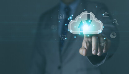 Wall Mural - businessman's hands showing a diagram of cloud computing information technology icon. big data.