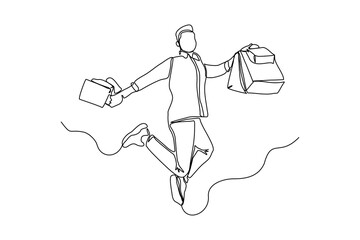 Wall Mural - Continuous singe one line drawing art of happiness man holding paper shopping bags. Vector illustration of shopper big sale consumerism concept