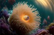  an orange sea anemone with a purple eye and a white ring around it's neck and a yellow ring around its neck and a yellow ring around its neck and a white.