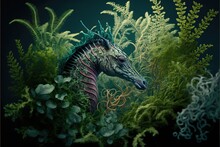  A Sea Horse Is Surrounded By Plants And Plants In The Water, With A Black Background And A Green Seaweed Border The Picture Is Framed By A Gold Frame With A Black Border Of.