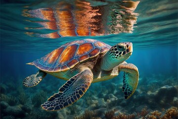  a turtle swimming in the ocean with a person in the background looking at it's reflection in the water, with a person in the background looking at the water, and a turtle. Generative AI