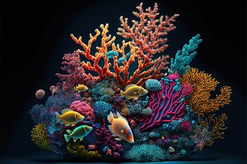 Wall Mural -  a colorful coral reef with fish and corals on a black background with a black background and a black background with a black background and white border with a blue border with a black border.