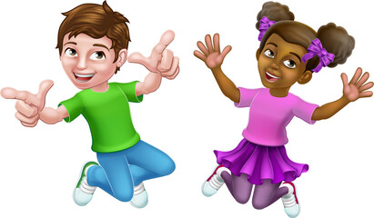 Wall Mural - Jumping Girl and Boy Kids Children Cartoon