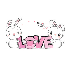 Wall Mural - Cute rabbit  holding a big love text. Cartoon character design for Valentine's Day.