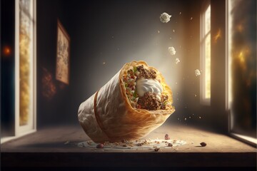  a burrito is falling into a window and falling on the floor with a lot of food in it and a light coming from the window behind it is shining on the floor and the floor.