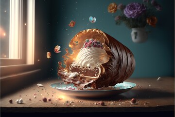 Poster -  a plate with a chocolate dessert on it and a vase of flowers in the background with butterflies flying around it and a vase of flowers in the background with butterflies on the table top of.