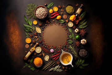 Sticker -  a circle of spices and herbs arranged in a circle on a table top with a brown background and a black background with the letter c in the middle of the circle is surrounded by spices.