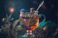  A Glass Cup Filled With Liquid And Flowers On A Table With A Spoon In It And A Small Group Of Mushrooms In The Background With Leaves And Flowers On The Bottom Of The Cup,.