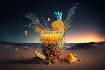  a pineapple splashing into a glass of orange juice on a beach at night time with a blue sky in the background and a sun setting behind it, with a few clouds and a few.