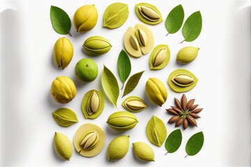 Sticker -  a white plate topped with nuts and leaves next to a star anisette and an orange slice on top of it, on a white surface with a white background with a white border.