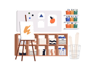 Classroom for art class. Creative studio, empty drawing atelier with painting supplies, canvas and easel, whiteboard. Artists school, study room. Flat vector illustration isolated on white background