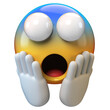 Screaming emoticon on white background, shocked, scared emoticon 3d rendering